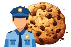 giant chocolate chip cookie graphic with cartoon policeman